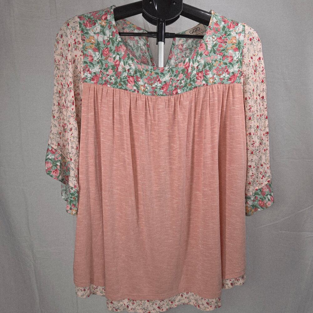 GiGio Plus 1XL Boho Floral Top Pink Mixed Print Short Sleeve